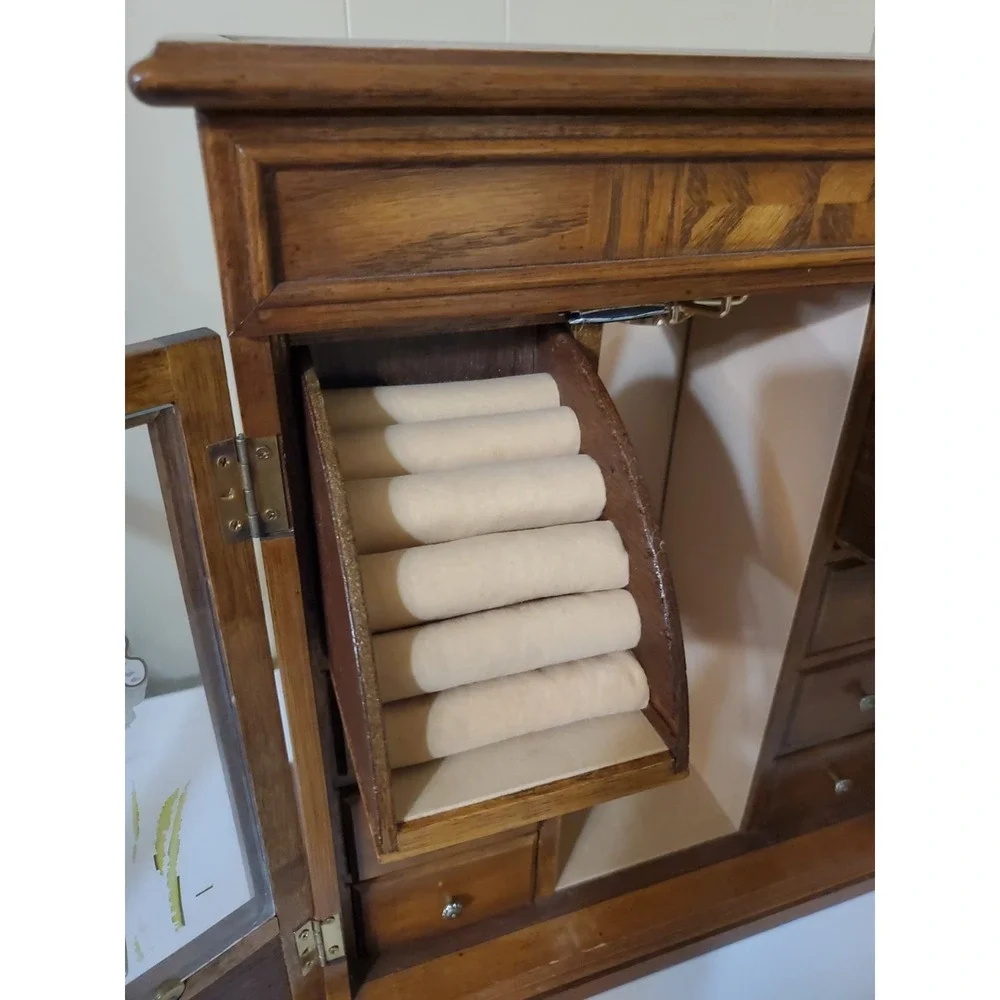 Vtg Tall Jewelry Box With 6 Drawers Mirror Cabinet Hangers Ring & Earring Holder